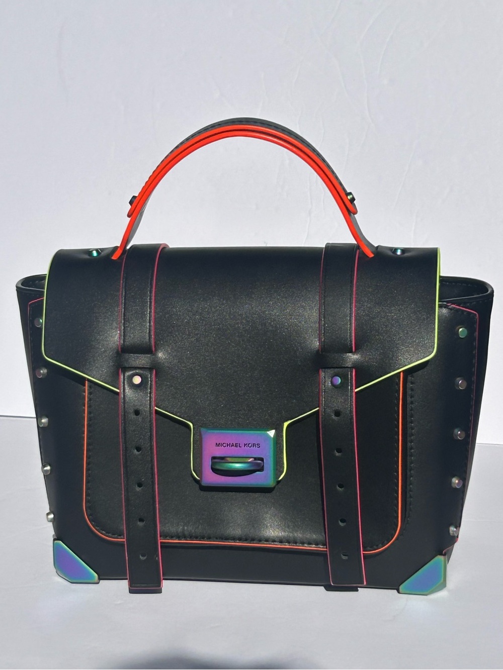 Michael Kors Martini Neon Trim Iridescent Hardware Satchel Bag